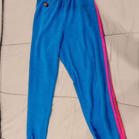 Aviator Nation Women’s Joggers in Blue with Neon Stripes - Picture 1 of 5
